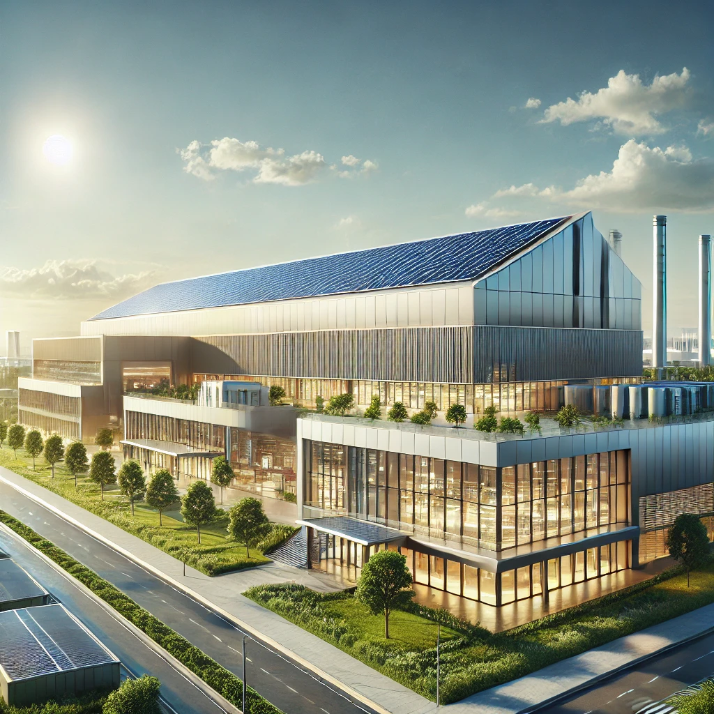 DALL.E-2025-03-01-20.06.35-A-futuristic-sleek-modern-factory-designed-with-sustainability-and-clean-energy-in-mind.The-industrial-structure-2.webp
